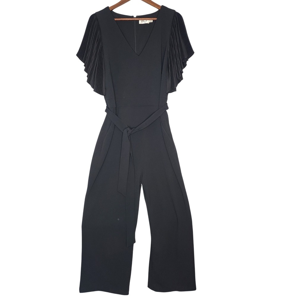 Eliza J Pleated Flutter Sleeve Belted V Neck Jumpsuit Black 14 Party Wedding - Picture 2 of 10